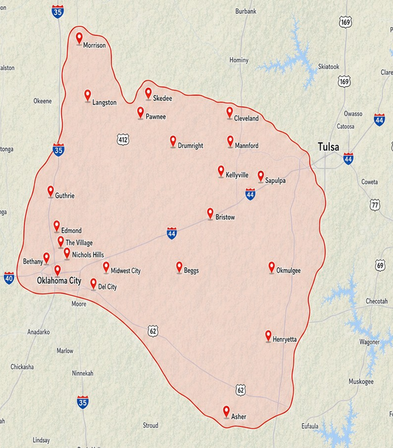 Map of the K&M Excavation and Septic service area across central and northeast Oklahoma, from Oklahoma City to Tulsa